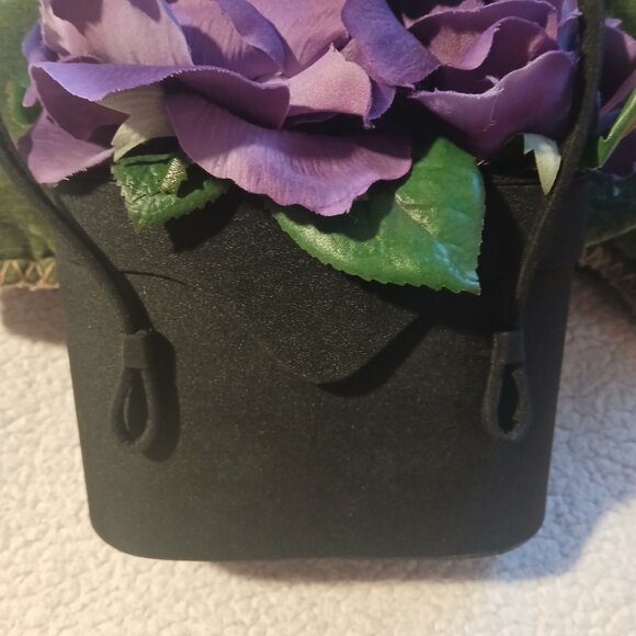 Women's Black  Bucket Bag with Purple Fabric Flowers on Top - Picture 13 of 14